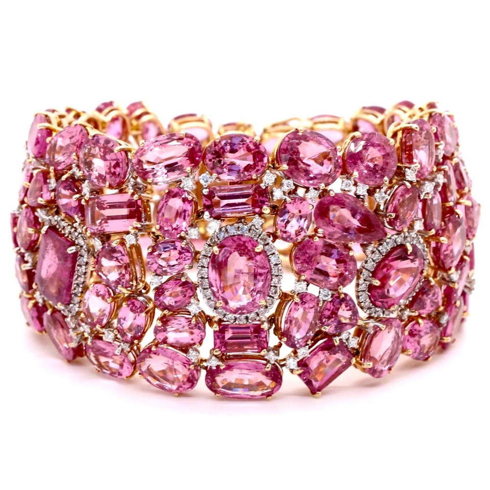 66.47 Pink Spinel Yellow Gold Diamonds Bracelet - Picture 3 of 12